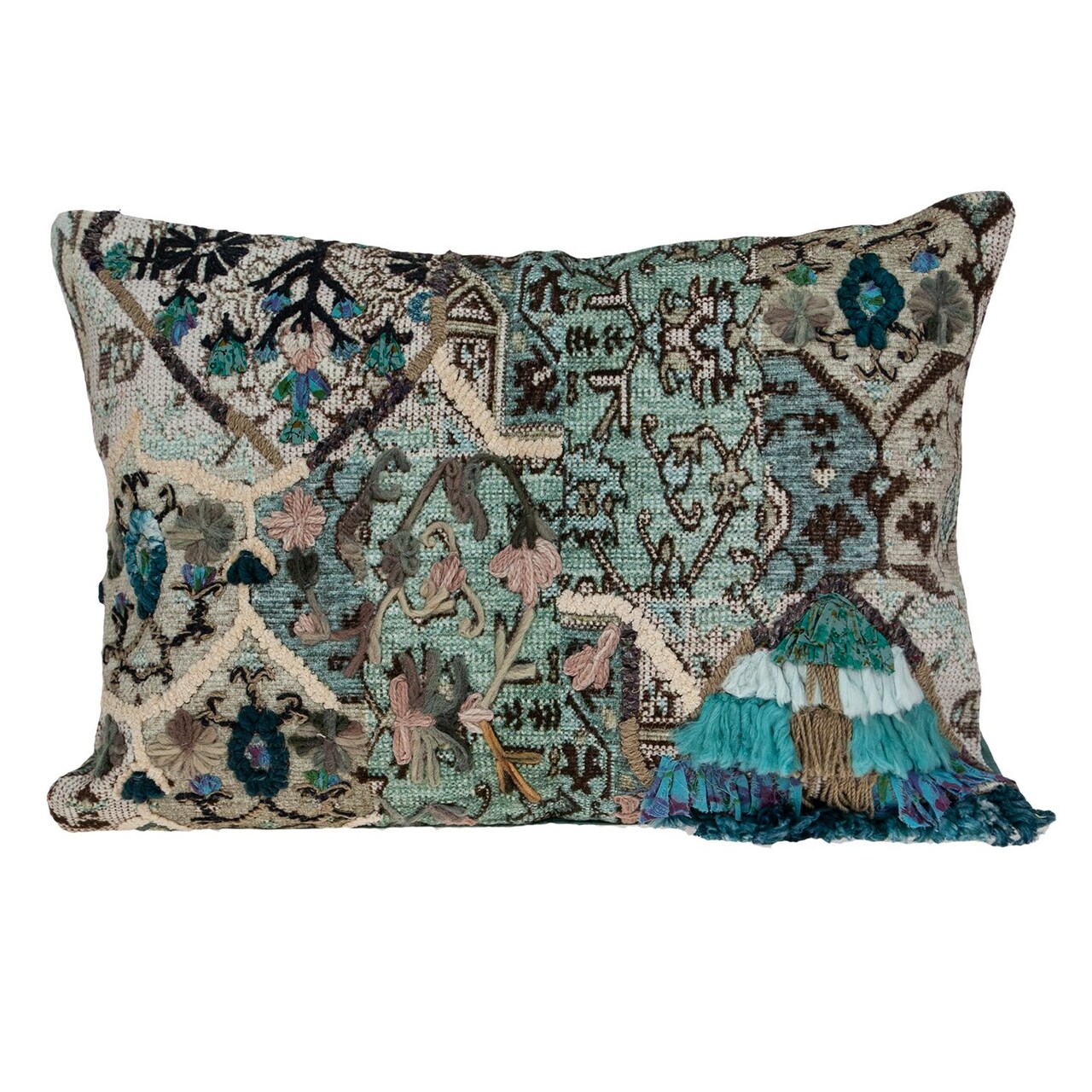 Nassau Collection 20" Blue and Beige Floral Tapestry Pattern Rectangular Throw Pillow
